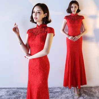 

Red Cheongsam Women Traditional Dress Sexy Wedding Qipao Lace Embroidery Chinese Oriental Dresses Vestidos Formales Long QiPao