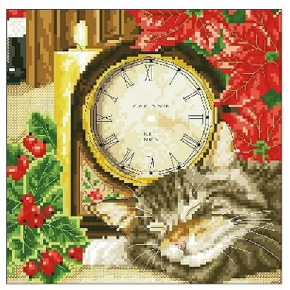 

11CT counted Clock Kits embroidered paintings Cross Stitch 35*35cm Sleeping Cat Kitty CS-024CLO