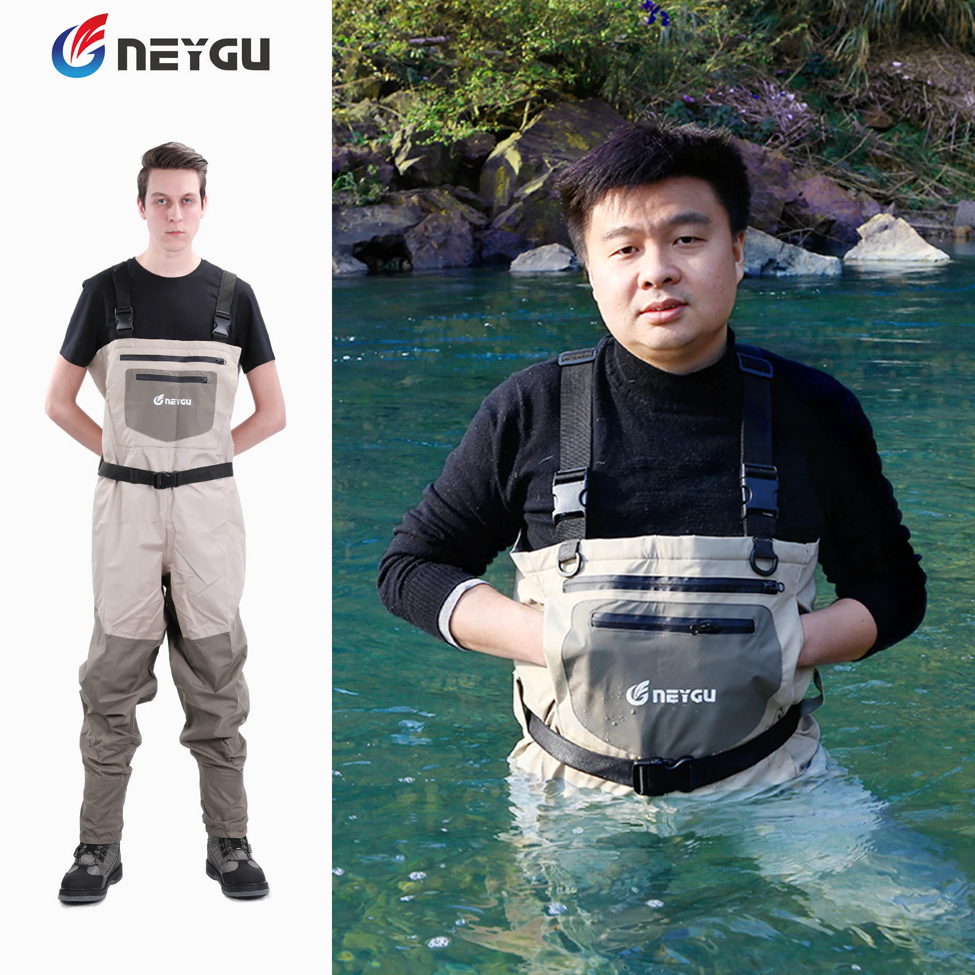 Waterproof and Breathable Fly Fishing Wader attahed neoprene socks on