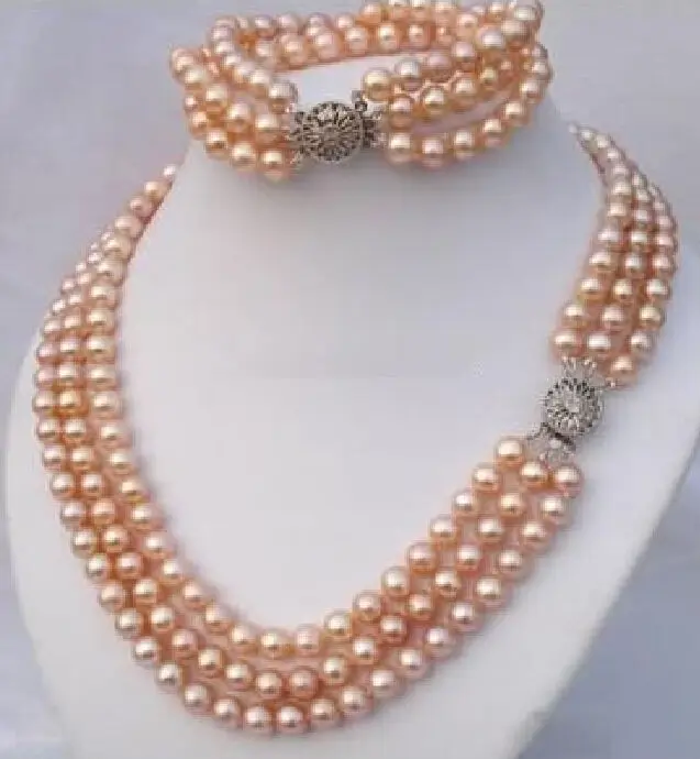 

FREE SHIPPING HOT sell new Style >>>>triple strands 8-9mm Akoya natural pink south sea pearl necklace bracelet 17-19t