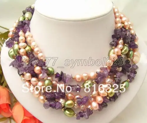 

FREE SHIPPING>>Beautiful! Purple Green Pearl Amethyst Necklace 5row
