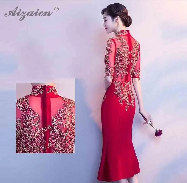 Encaje de Cheongsam larga восточные Платья de boda de las mujeres chino tradicional ropa Qipao Chinoise vestido de noche rojo