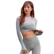 Короткий топ с длинными рукавами для тренажерного зала, женская одежда для йоги, рубашки для фитнеса, Женская тренировочная бесшовная спортивная одежда, женская одежда для бега