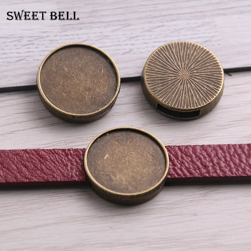 

10 pcs round leather slider beads two color blank 20mm cabochon setting diy bracelet making supplies hole 2.5*10mm D6435