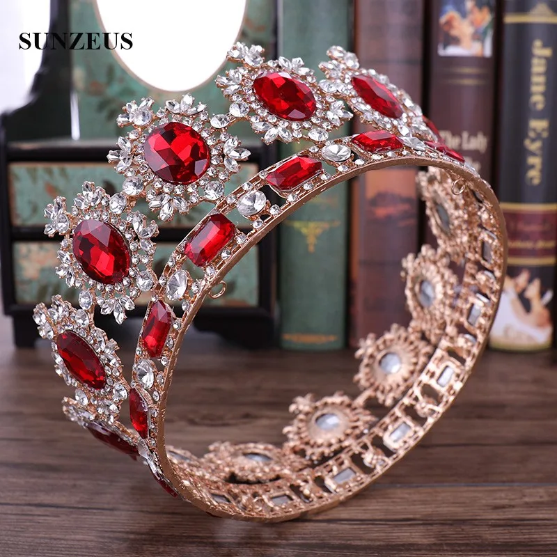 Золотые короны королевы с красными стразами кристалл бисером металлические свадебные диадемы Mariage Accessoire SQ0339