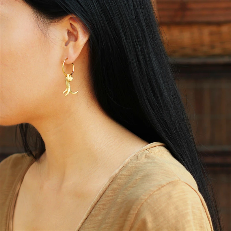 Lotus Fun Real 925 Sterling Silver Natural Creative Handmade Fine Jewelry Cute Kung Fu Cat Drop Earrings for Women Brincos
