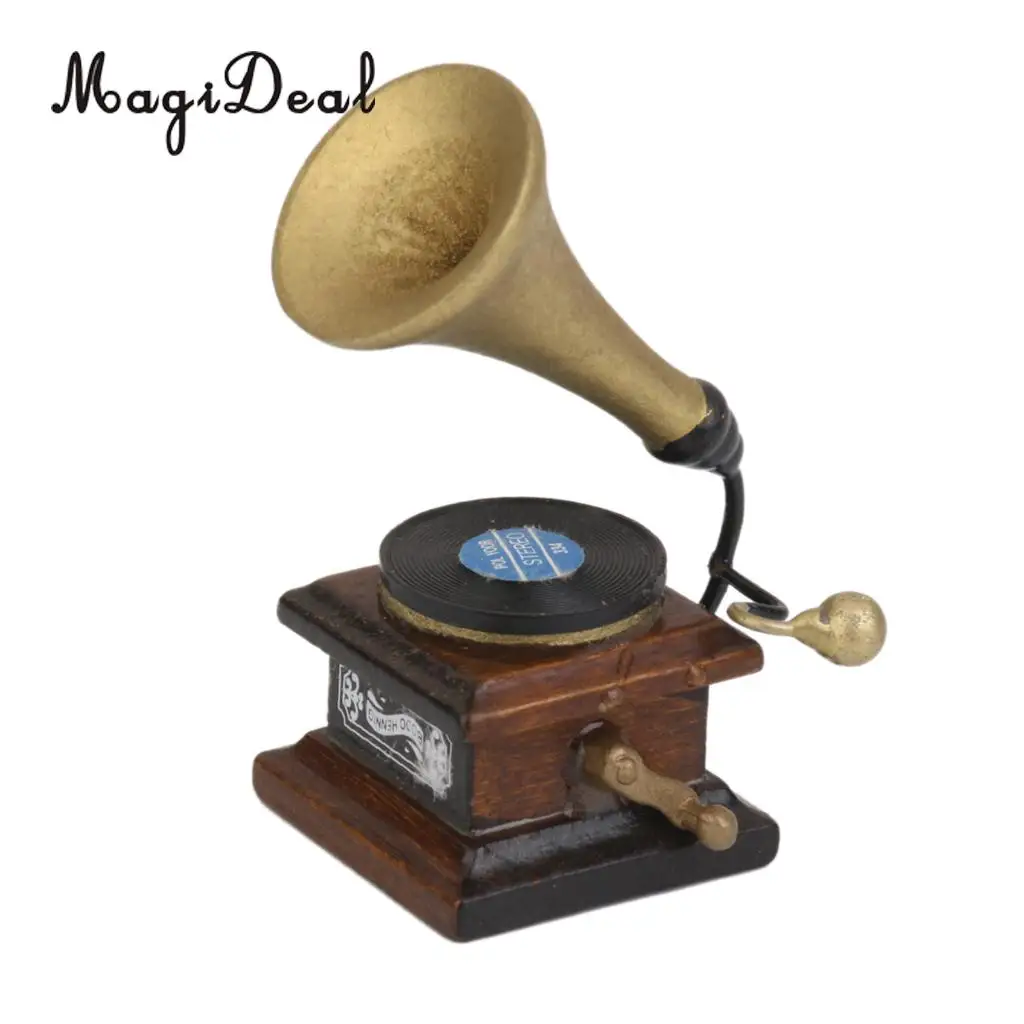 MagiDeal 1/12 Wood Miniature Phonograph Record Player Handicrafts Model for Dollhouse Garden Bedroom Living Room Decor Kids Toy