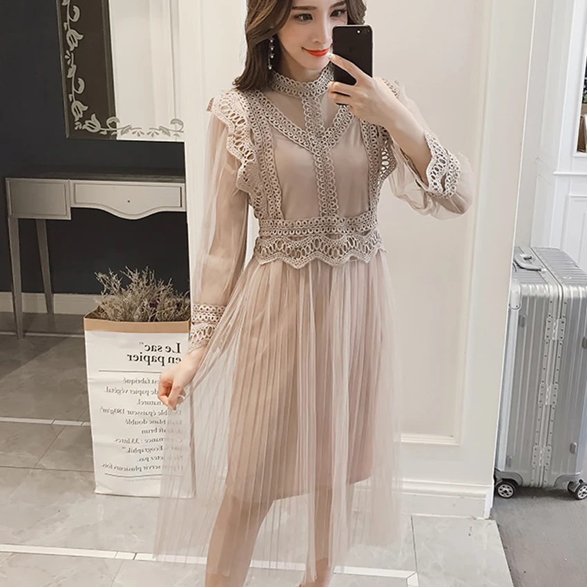 Vente Deux Pièces Femmes Bleu Broderie Maille Doublure Robe