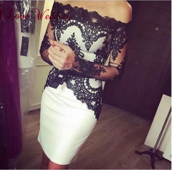 

Robe cocktail 2018 Off the Shoulder Black Lace Applique Long Sleeves Knee Length Cocktail Party Dresses