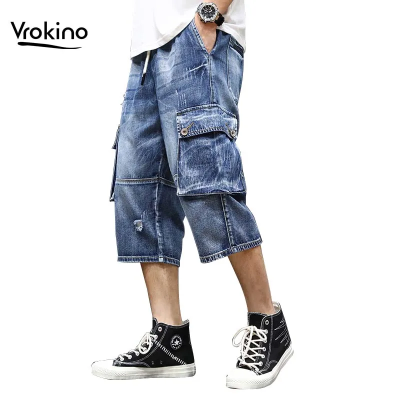 Бренд VROKINO Летние Новые повседневные синие джинсовые брюки с несколькими карманами стильные и изысканные хлопковые свободные прямые джинсы XXL 3XL 4XL