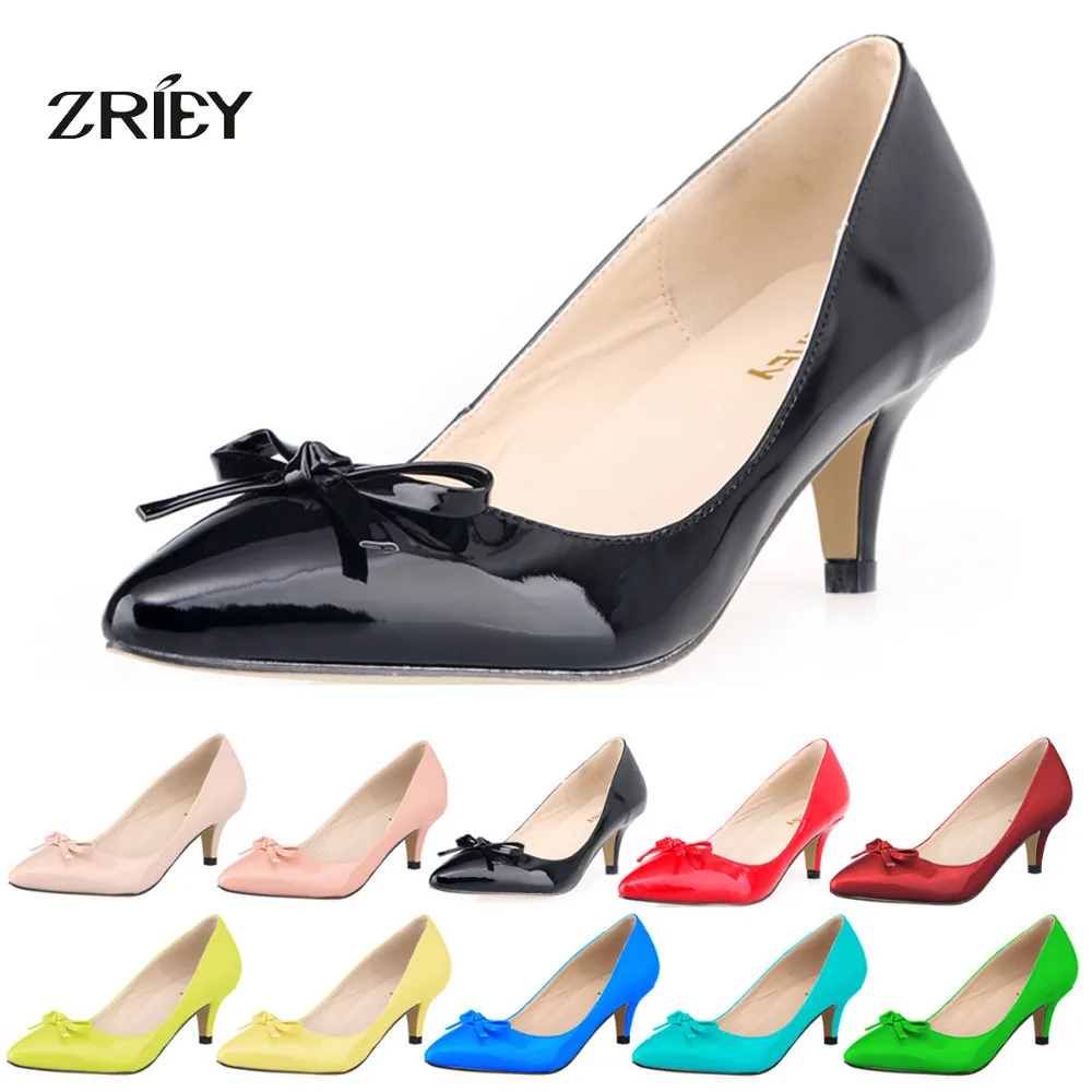 Women Sexy Low Mid Kitten Heels Shoes PU Patent Leather Pointed Toe