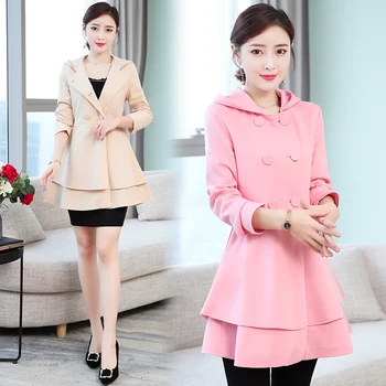 

b Women's Trench Coat Plus Size 2XL Hoodie Windbreaker Solid Skirt Hem Overcoat Double Breasted Coat Female