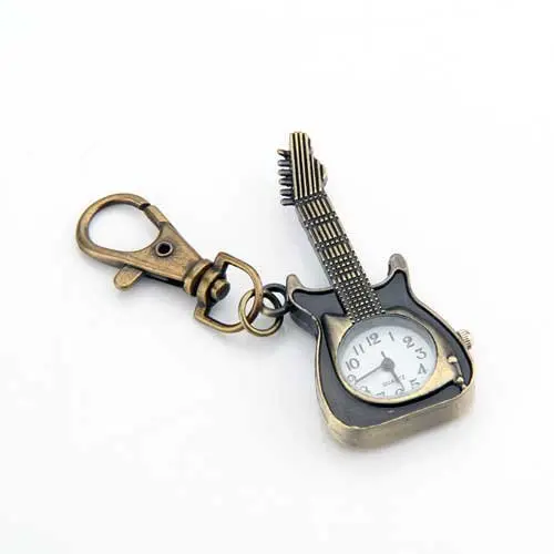 

Retro Bronze Metal Guitar Pocket Pendant Watch Key Chain Keyring 2.2"
