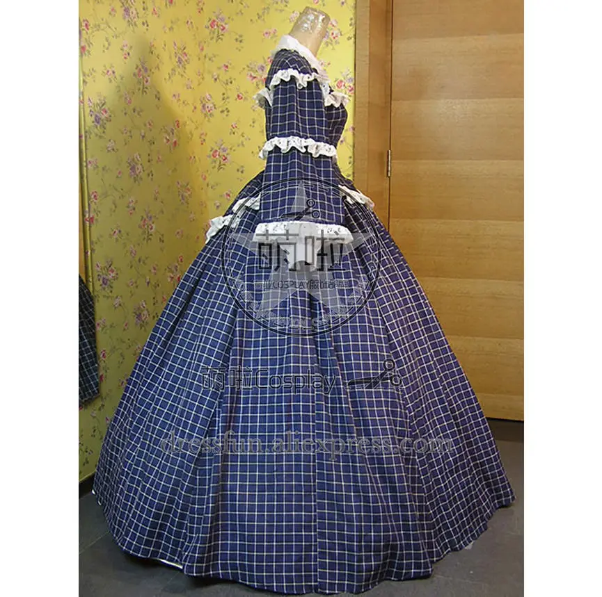 Гражданская война Викторианский Gingham бальное платье День с грациозным кружевом