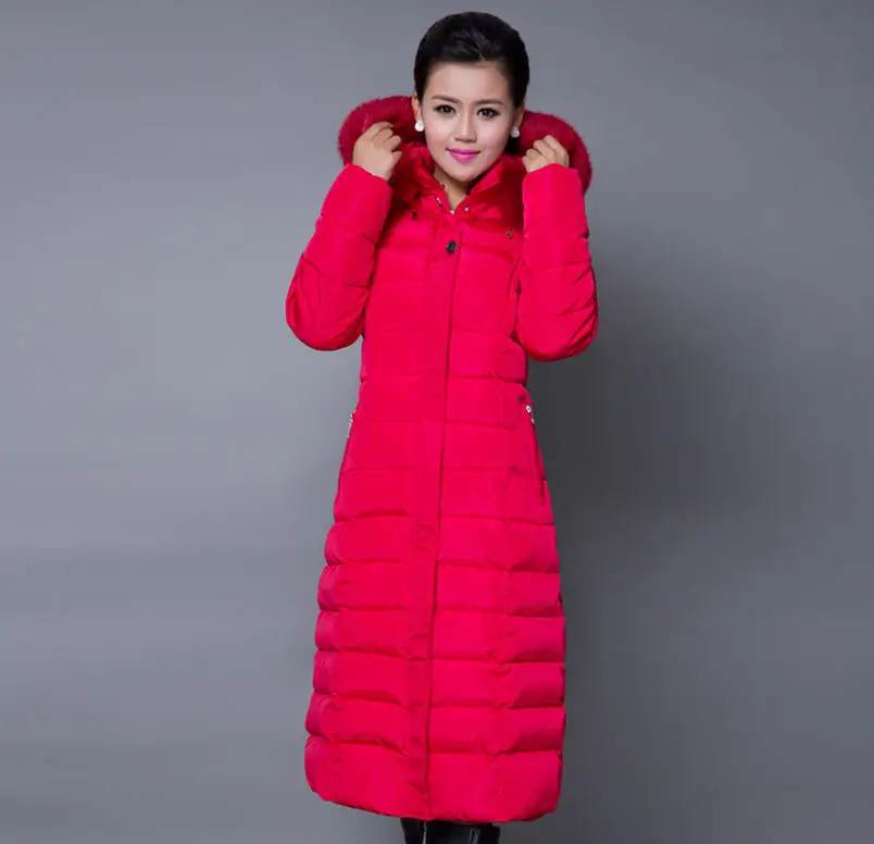Зимний женский пуховик с меховым воротником и капюшоном, X-Long, большой размер, толстое модное пальто с хлопковой подкладкой, повседневные парки 4XL 5XL D031 - Цвет: red