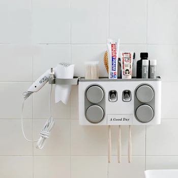

Bathroom Set Accessories Toothbrush Holder Automatic Toothpaste Dispenser Suction Cup Wall Mount Hair Dryer Cosmetic Storage Box