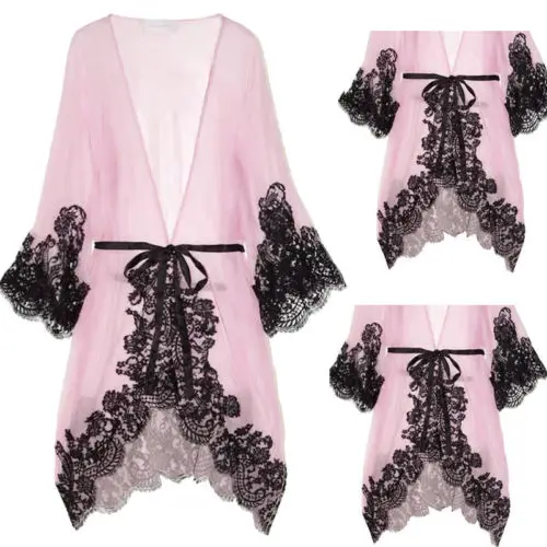 Women exotic sets sexy Luxury Nightdress Satin Lace mesh Kimono