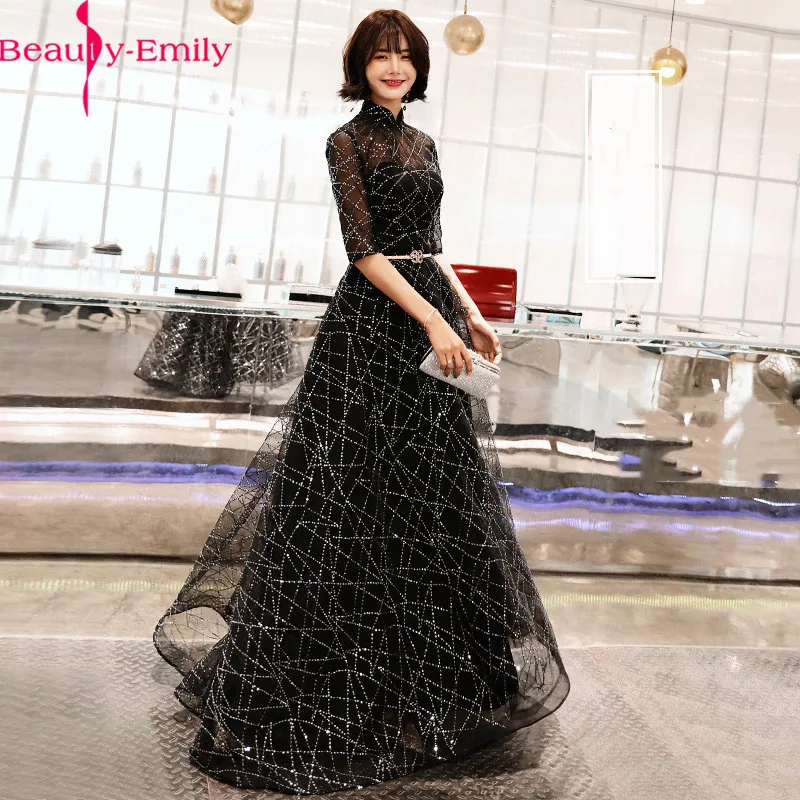 

Beauty Emily Elegant Evening Dresses Black Sequined A Line Sexy Illusion Black Stain Heavy Beaded Formal Dress with Sashes