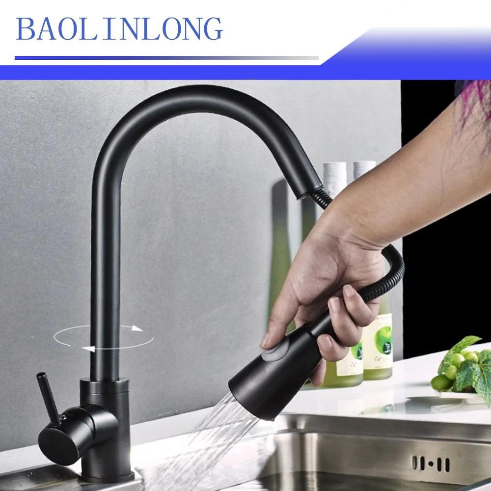 BAOLINLONG Styling Brass Kitchen Faucets Cozinha Swivel Spout Kitchen Sink Pull Out Faucet Tap