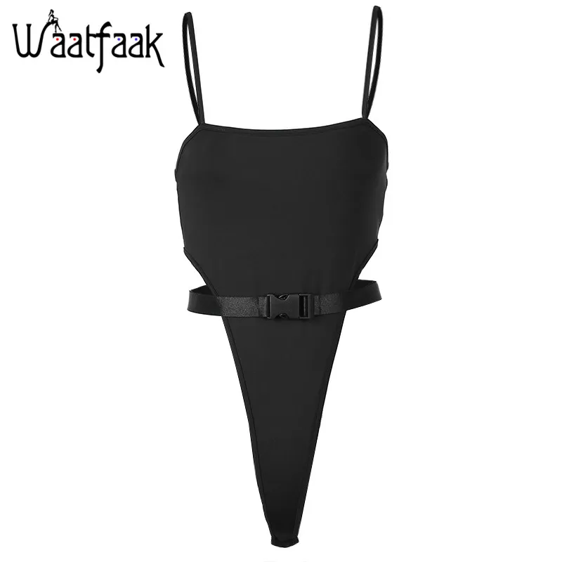 Waatfaak Женское боди без рукавов с ремнем и пряжкой, сексуальное черное боди с открытой спиной, Короткий Летний комбинезон - Цвет: Черный