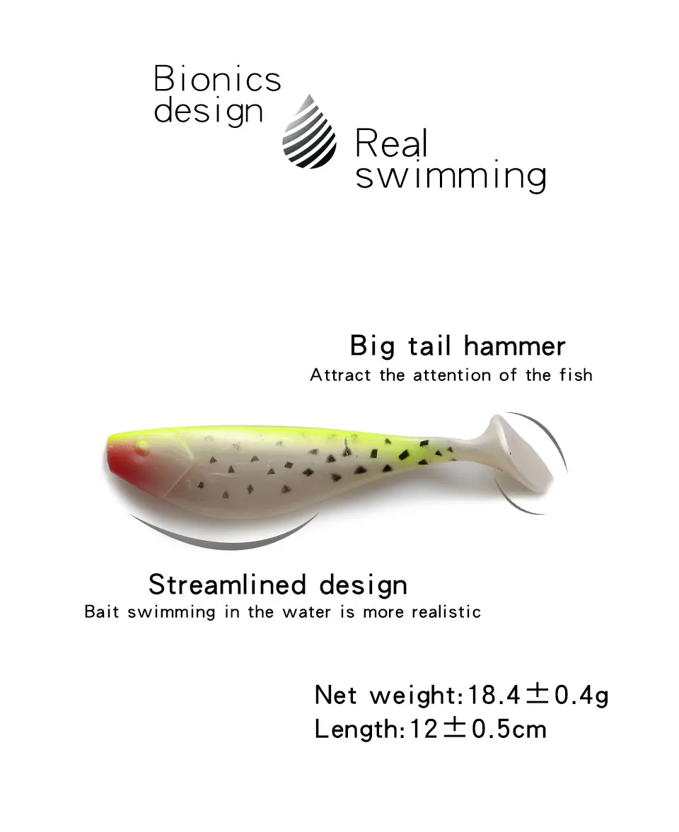 Description Picture 3 of itemW.P.E 5PCS/PACK 12cm 18.4g Soft Fishing Lure T-Tail Worm Swimbaits Jig Head Fly Fishing Bait Silicone Bait Carp Fishing Wobblers