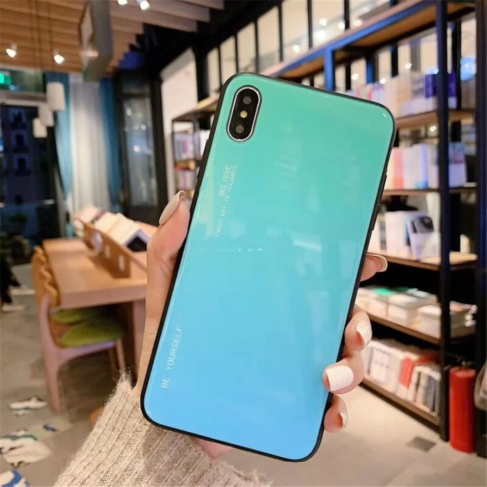 HUANQING Fashion Gradient Glass Tempered Glass Phone Case For iphone XR XS MAX X 8 7 6 6S Plus  Colorful Mobile Phone Cover Luxury Shell04