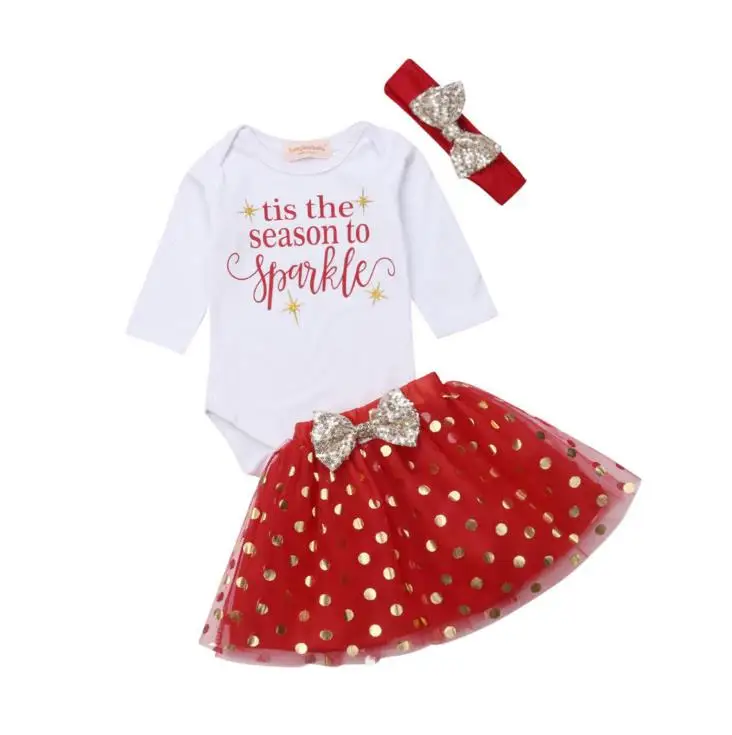 

Newborn Baby Girl Xmas Clothing Bodysuit Tops Long Sleeve Dot Skirt Headband 3pcs Cute Outfit Clothes Girls 6M-3T