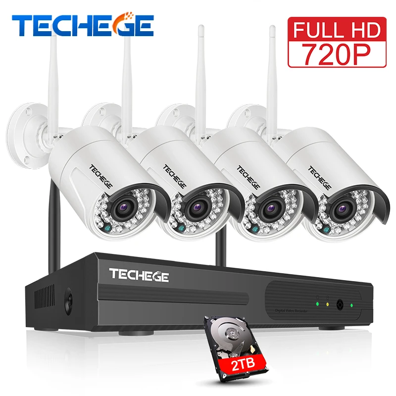 En Ligne Techege 4CH Sans Fil 720 p NVR Kit Play Plug 1MP Extérieure IP WIFI Caméra Vision Nocturne Imperméable À L eau de Sécurité Vidéo kit de Surveillance