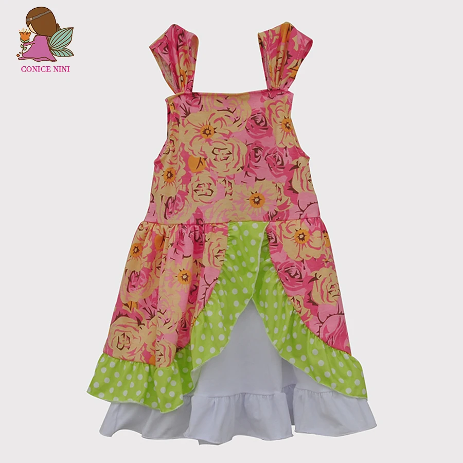 

2016 Summer Style Kids Dresses For Girls Knee-length Orange Floral Pattern Green Polka Dot Hem Patchwork Cotton Outfits DX002