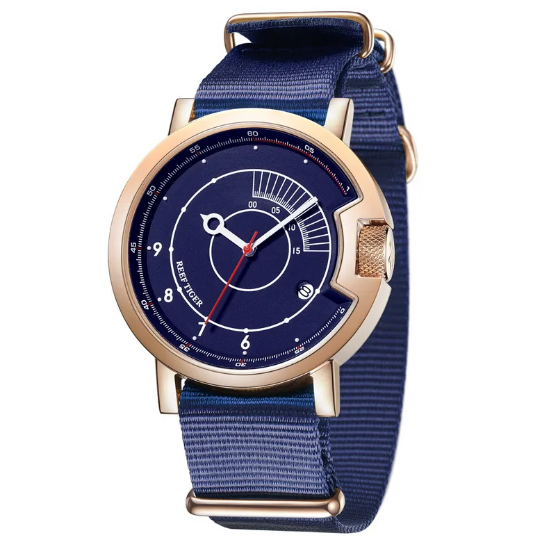 Reef Tiger RGA9035 мужские новые модные спортивные часы с циферблатом водонепроницаемые автоматические механические наручные часы с нейлоновым ремешком-черный