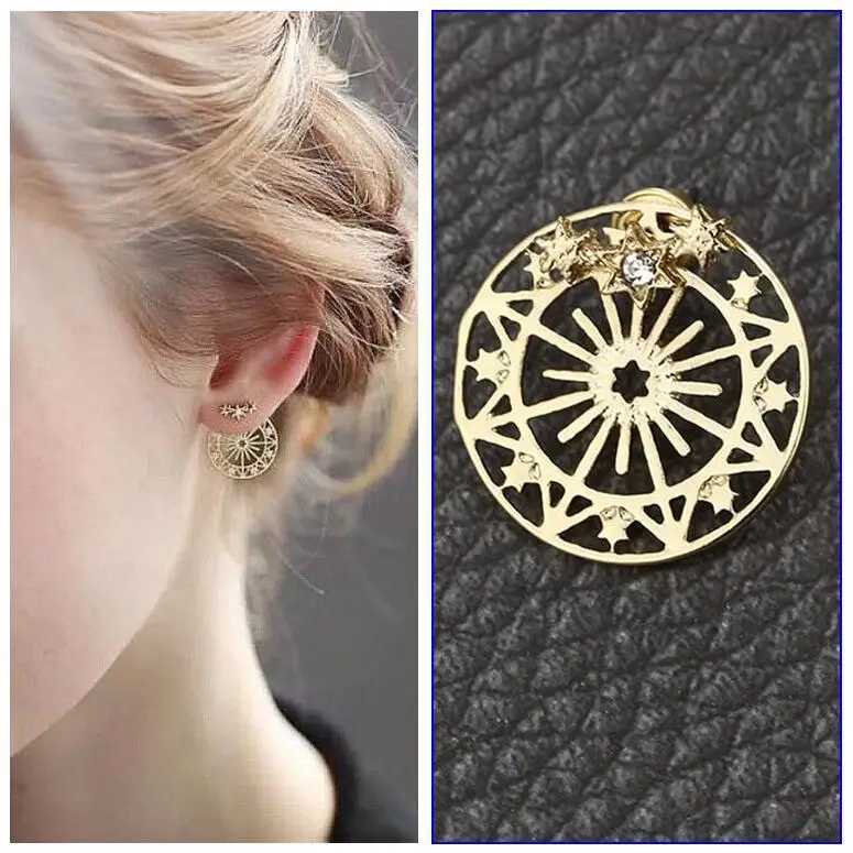 

HuaTang High Quality Vintage Gold Round Wheel Earring Star Crystal Earrings for Women Ethnic Style Stars Earring Jewelry 6010