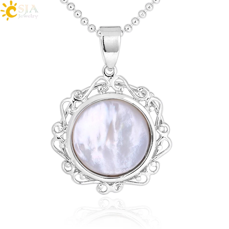 

CSJA Natural White Shell Mother of Pearl Shell Round Flower Pendant for Chain Necklace Women Lady Luxury Jewelry Decoration F289