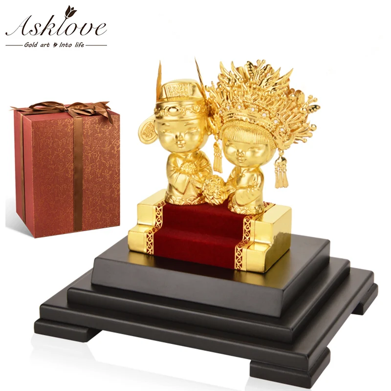 

Asklove Gold Wedding gifts 24K Gold foil ornaments Cartoon Couple Portrait Figurine Anniversary gift Home Decoration crafts