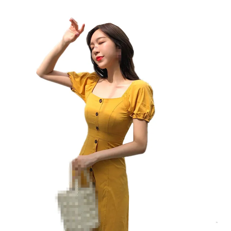 

B3925 2019 spring summer new women fashion temperament retro square collar slim one-breasted dress cheap wholesale