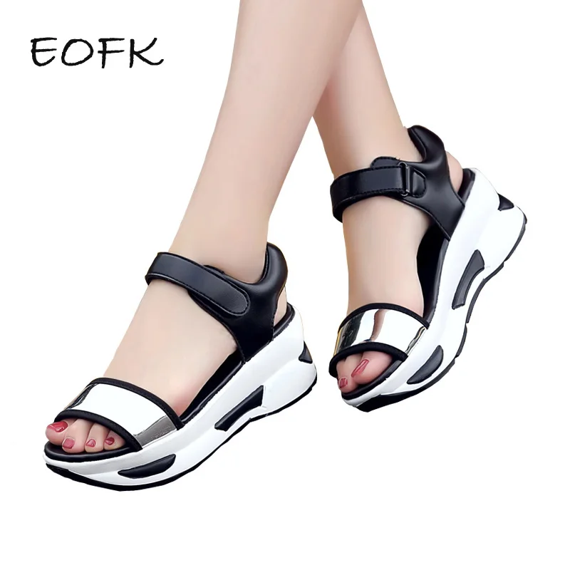 

EOFK Summer Women Platform Sandals Shinny Silver Patent Leather Women Flat Sandals Fashion Hook Loop Ladies Wedge Shoes Woman