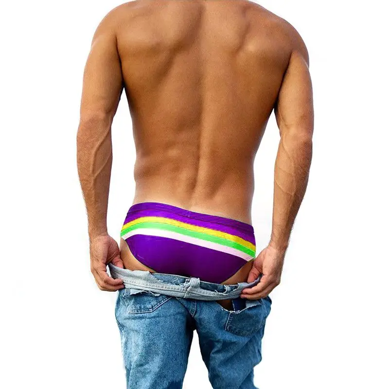 Плавательные мужские трусы в полоску с низкой талией, дышащие эластичные хлопковые пляжные плавки, одежда для плавания, купальный костюм - Цвет: Фиолетовый
