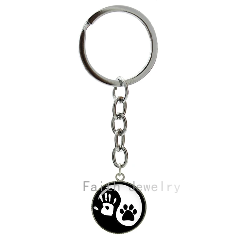 

Yin Yang Tai keychain vintage human handprint and cute pet dog paw print tai ji art picture key chains best friend gift 1344