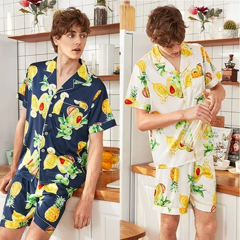 

CEARPION Men Short Pajama Set Satin Silky Sleepwear Soft Cozy Nightgown Bathrobe Summer 2PCS Top-shirt&Short Kits Casual Lounge