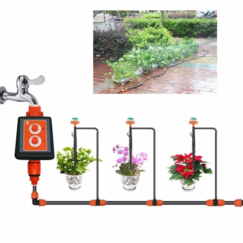 

New LED Double Knob Intelligent Timer Drip irrigation System set Micro Spray Watering Controller Home Garden Watering Device