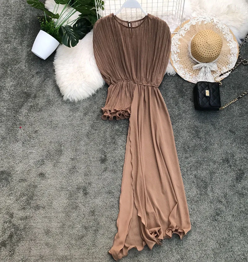 

summer irregular pleated round neck slim chiffon shirt women's casual wild short-sleeved shirt solid color fashion personality
