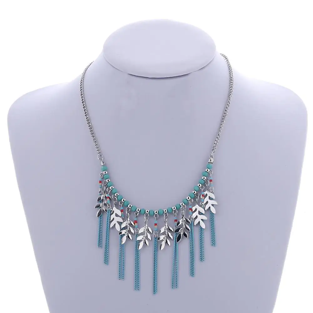 Fashion Leaf Shape Necklace Blue link Chain Drop Tassel Necklaces Women