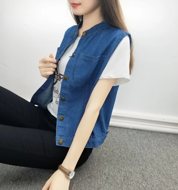 Large Size Bust 5XL Women's Jeans Vest Summer Thin Pure Blue Pocket Jacket Cardigan Sleeveless Female O-Neck Button Waistcoat