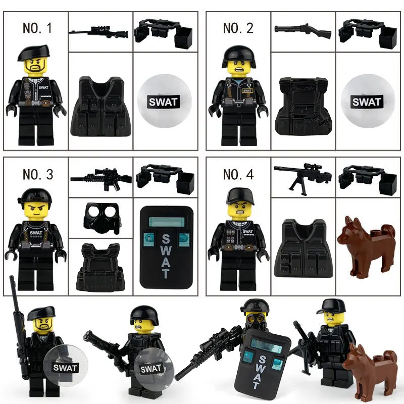 

4Pcs/Set Military Swat Team Guns Weapon Building Blocks City Police Soldiers Figure Blocks Military Army Series Brikcs Toys