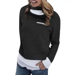 2018 осень-зима Для женщин зима молнии с длинным рукавом фланель пуловер однотонный верх блузка Лидер продаж