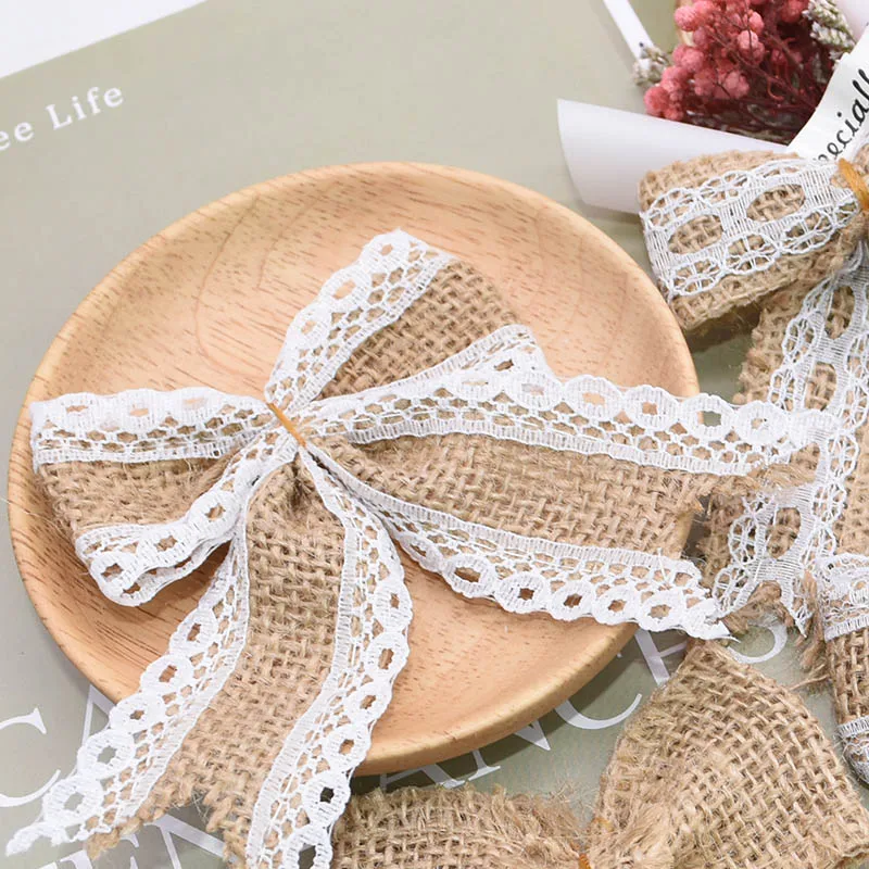 5/10pcs Jute Bow Vintage Natural Jute Burlap Hessian Bows Lace Ribbon Trim for Wedding Decoration Home Sewing Hat Accessories 8z