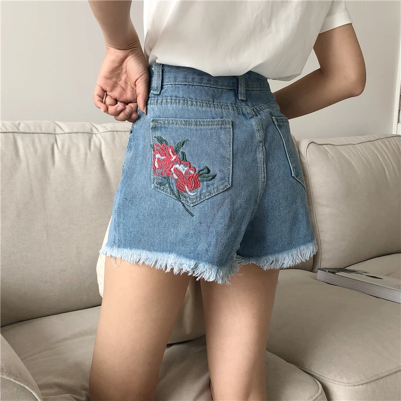 New Denim Shorts For Women 2019 Student Rose Embroidery Shorts High