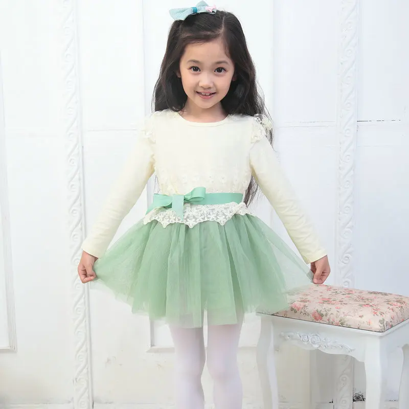 Free shipping Bow Knot Lace Dress Full Sleeve Girl Dress Spring Kid
