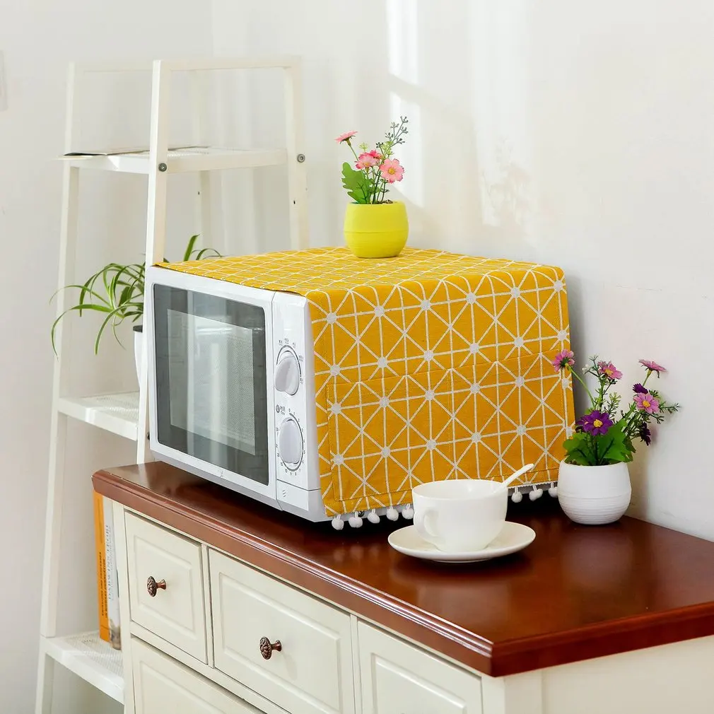 

1 Piece Microwave Oven Dust Covers Proof Cover with Side Puch Bag Cotton Linen Kitchen Storage Bags Tassel Home Supply Drop Ship