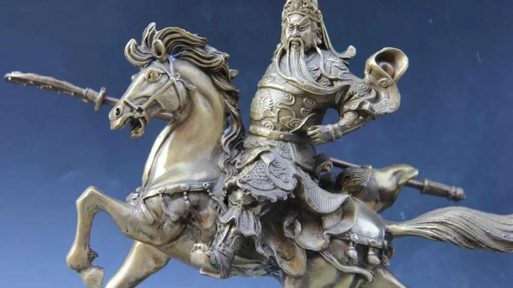 China Beautiful Brass Carved Guan Gong /Guan Yu Riding Horse Statue 