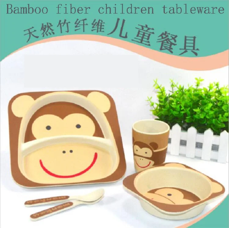 Bamboo fiber children utensils sets 5pcs baby green tableware Plate bowl cup Forks Spoon with animal